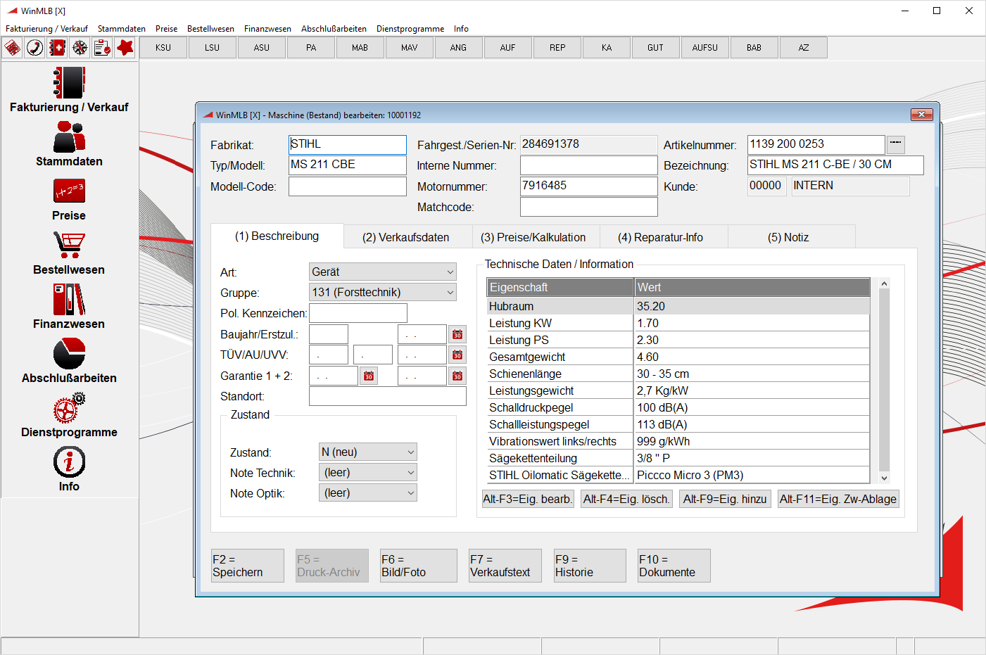 Screenshot WinMLB Grundmodul Stammdaten Bestandsmaschinen