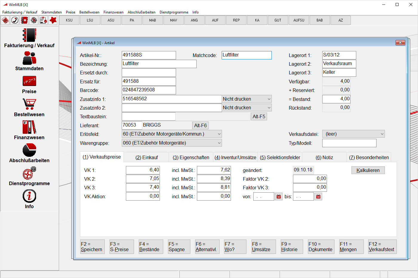 Screenshot WinMLB Grundmodul Stammdaten Artikel