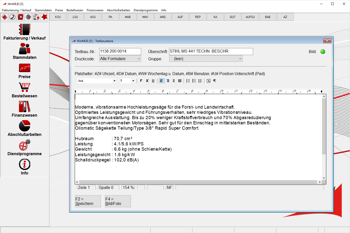 Screenshot WinMLB Grundmodul Stammdaten Textbausteine